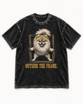 Pomeranian Outside the Frame Breakthrough Graphic Washed Tee in Black, flat lay product photo