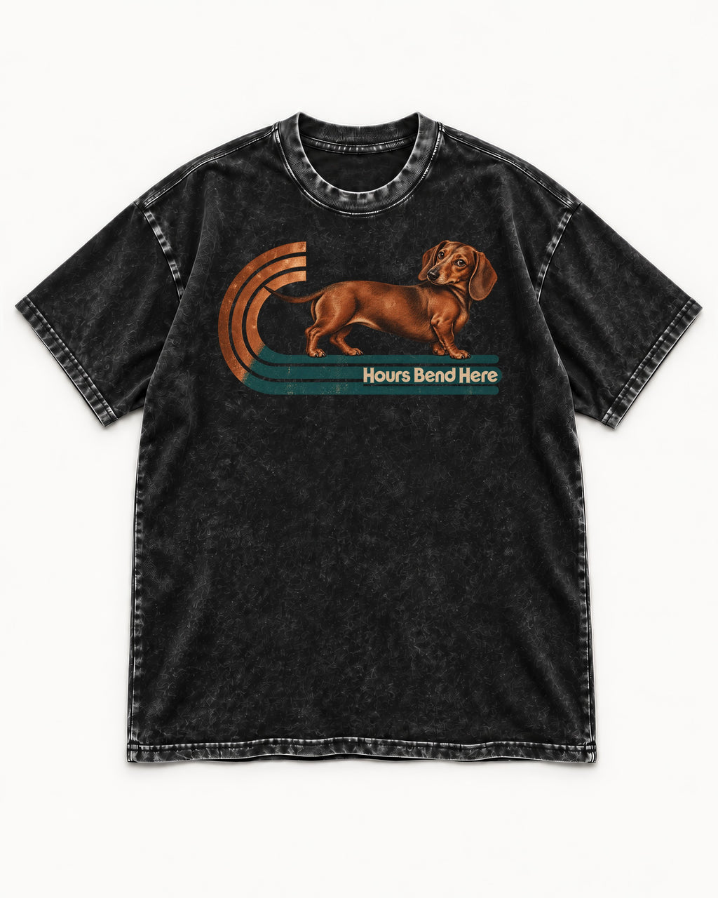 Dachshund Hours Bend Here Retro Track Graphic Washed Tee in Black, flat lay product photo
