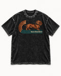 Dachshund Hours Bend Here Retro Track Graphic Washed Tee in Black, flat lay product photo