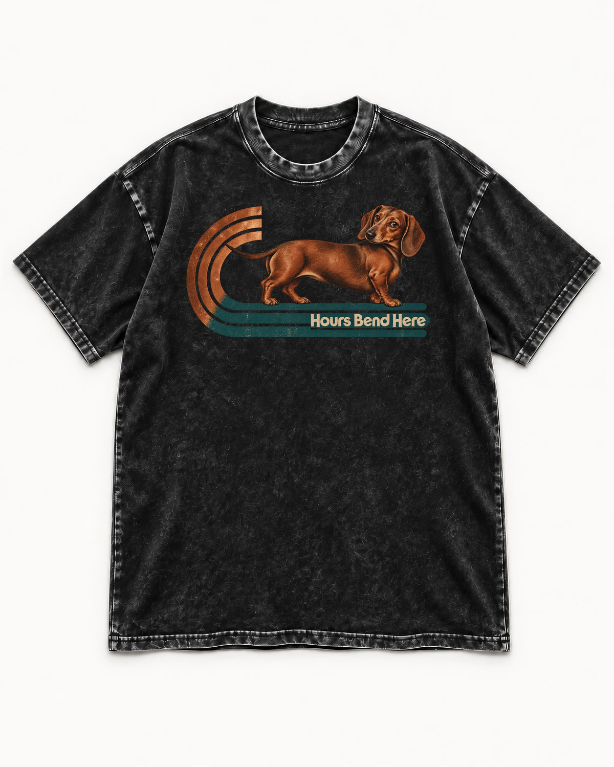 Dachshund Hours Bend Here Retro Track Graphic Washed Tee in Black, flat lay product photo