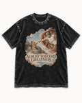 Yorkshire Terrier Almost Touched Greatness Creation Parody Graphic Washed Tee in Black, flat lay product photo