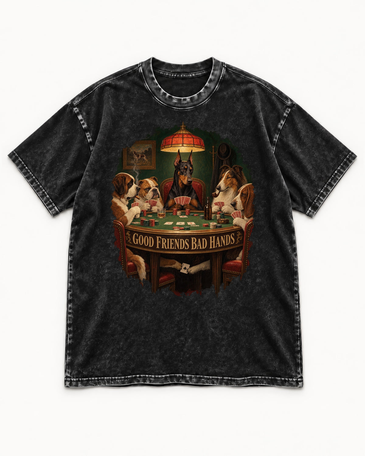 Doberman Good Friends Bad Hands Poker Night Graphic Washed Tee in Black, flat lay product photo