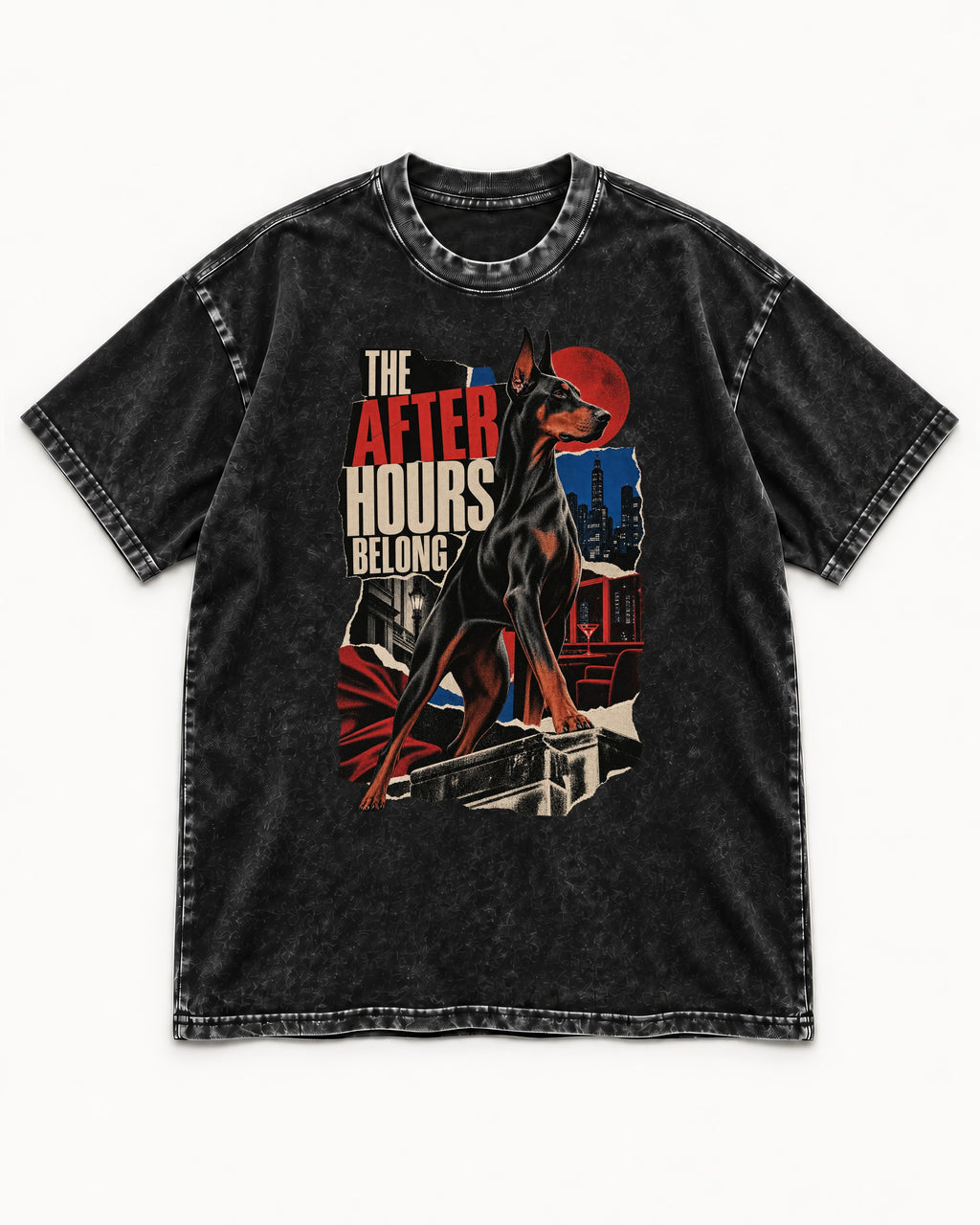 Doberman The After Hours Belong City Collage Washed Tee in Black, flat lay product photo