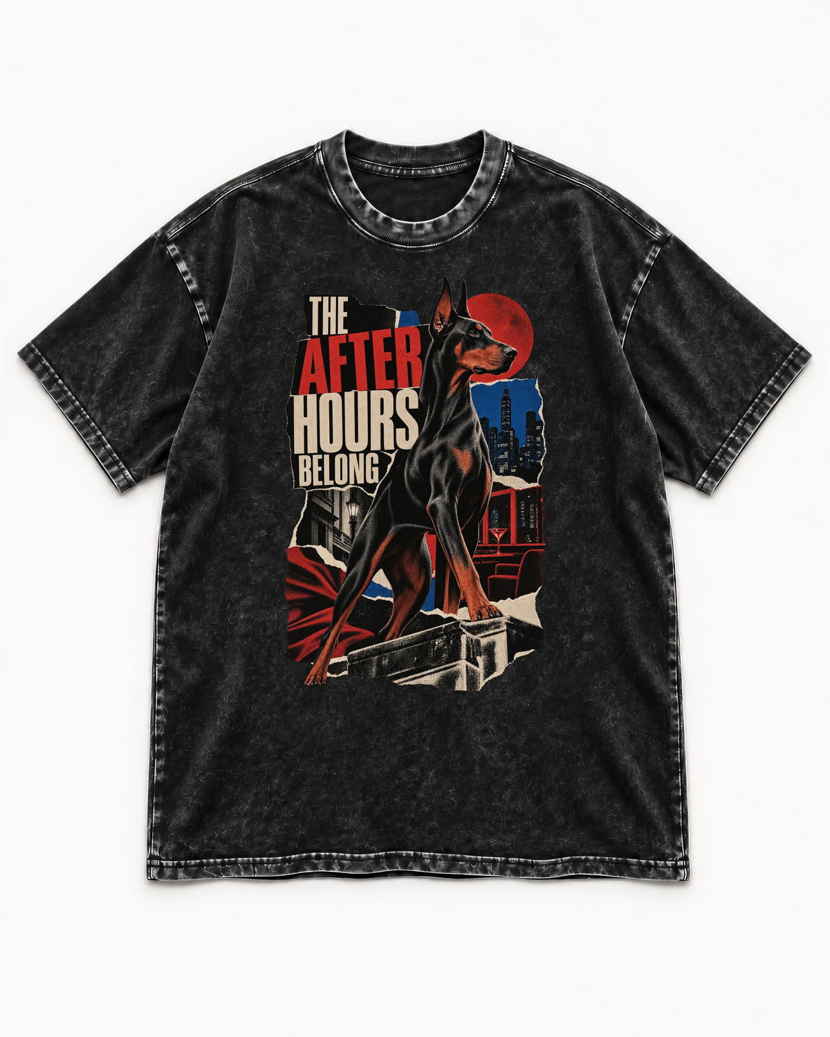 Doberman The After Hours Belong City Collage Washed Tee in Black, flat lay product photo
