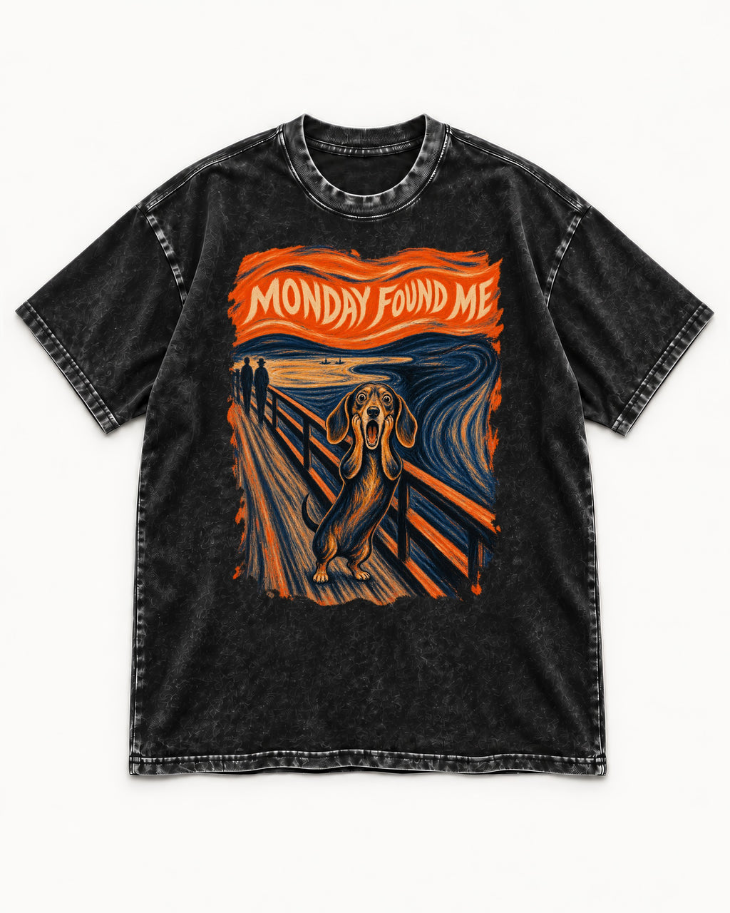 Dachshund Monday Found Me Scream Poster Washed Tee in Black, flat lay product photo