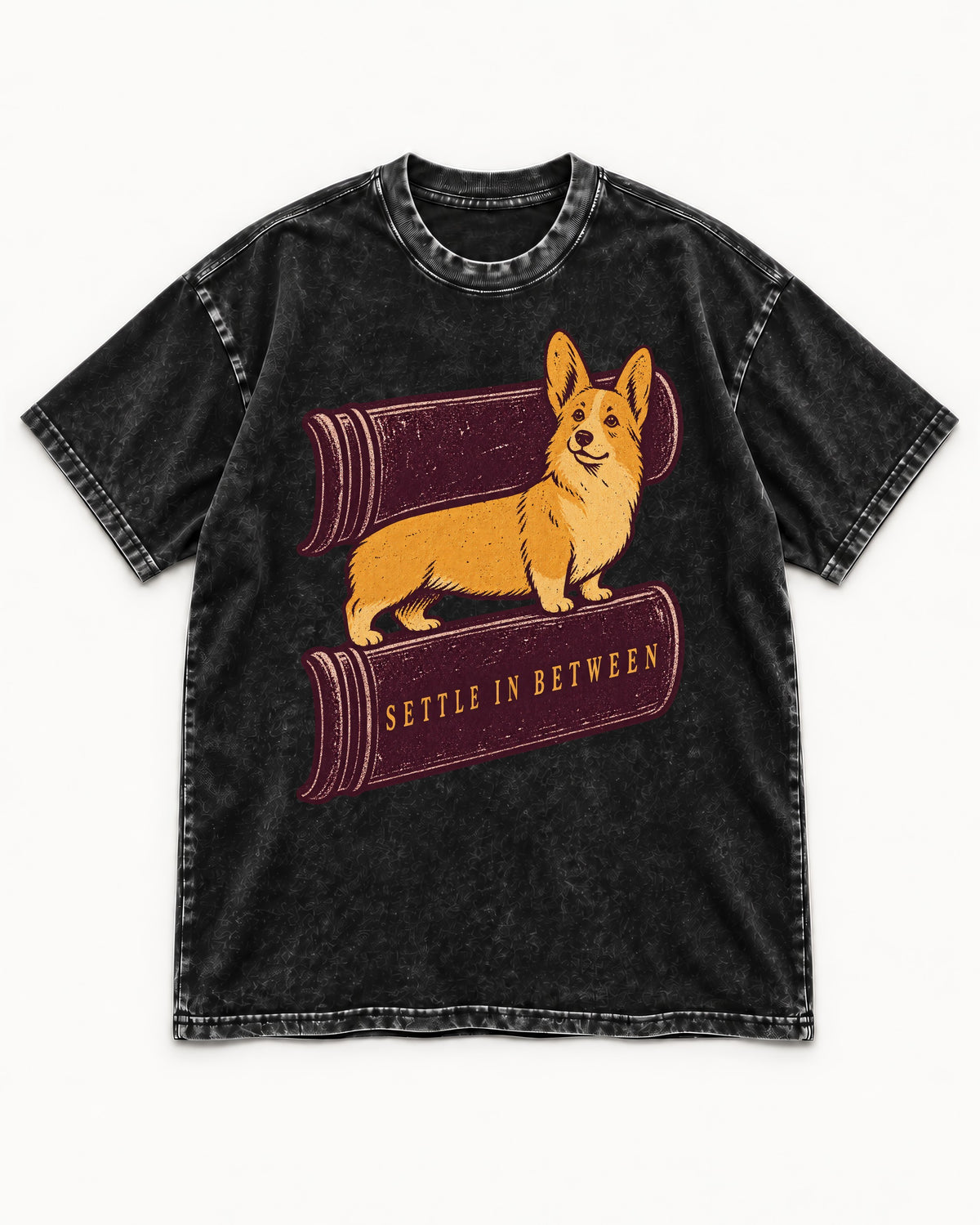 Corgi Settle in Between Washed Tee in Black, flat lay product photo
