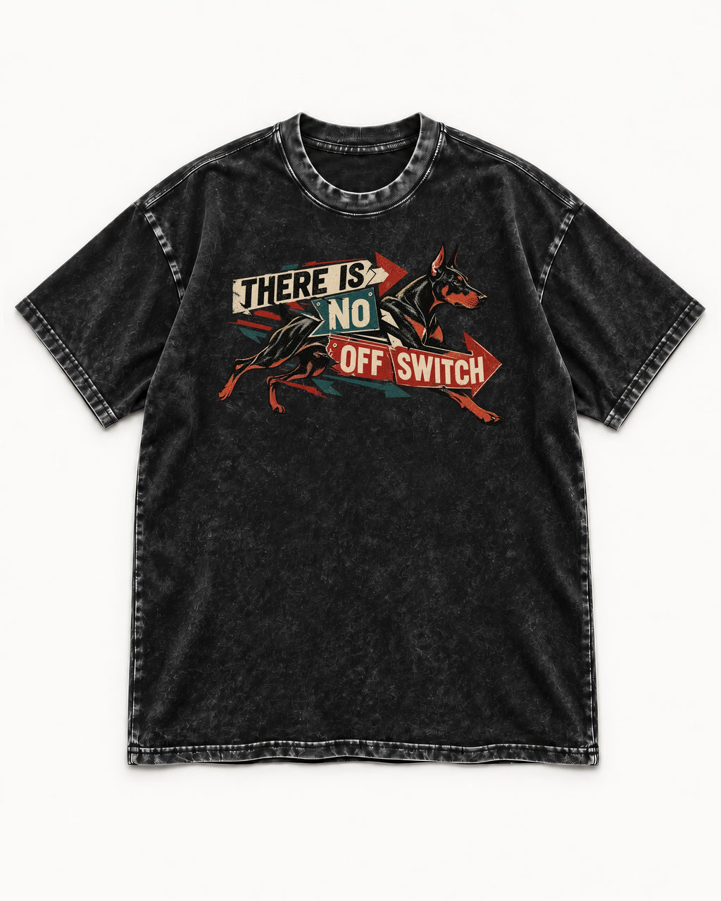 Doberman There Is No Off Switch Arrow Sprint Graphic Washed Tee in Black, flat lay product photo