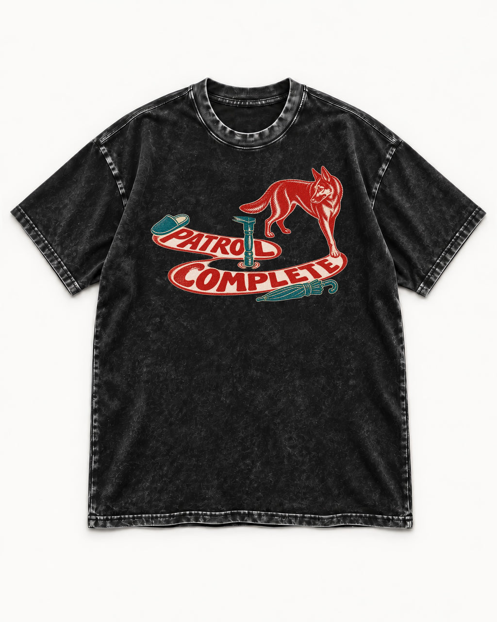 German Shepherd Dog Patrol Complete Umbrella Graphic Washed Tee in Black, flat lay product photo