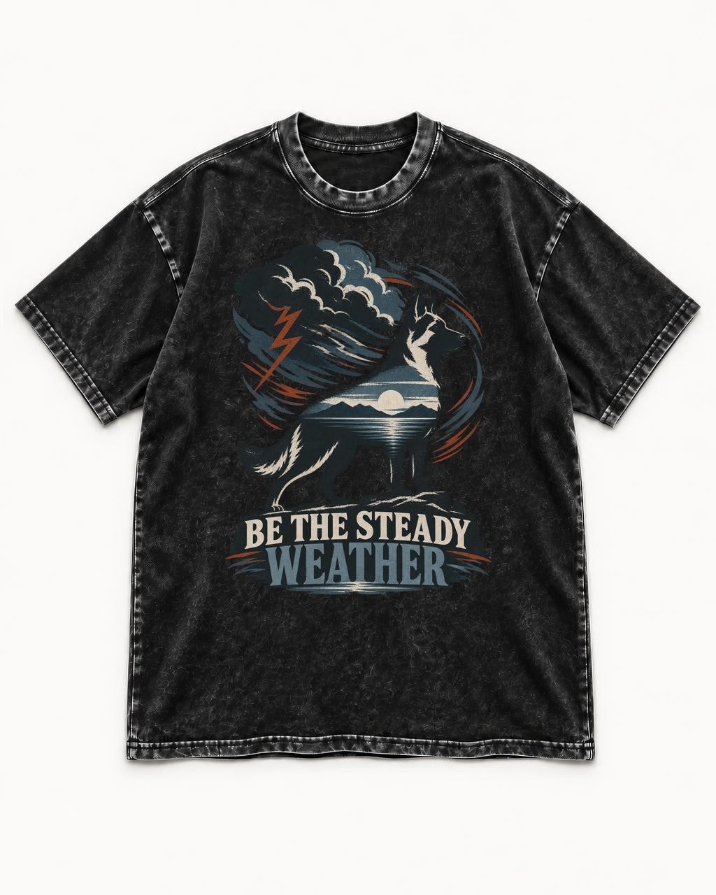Be the Steady Weather Storm German Shepherd Dog Graphic Washed Tee in Black, flat lay product photo