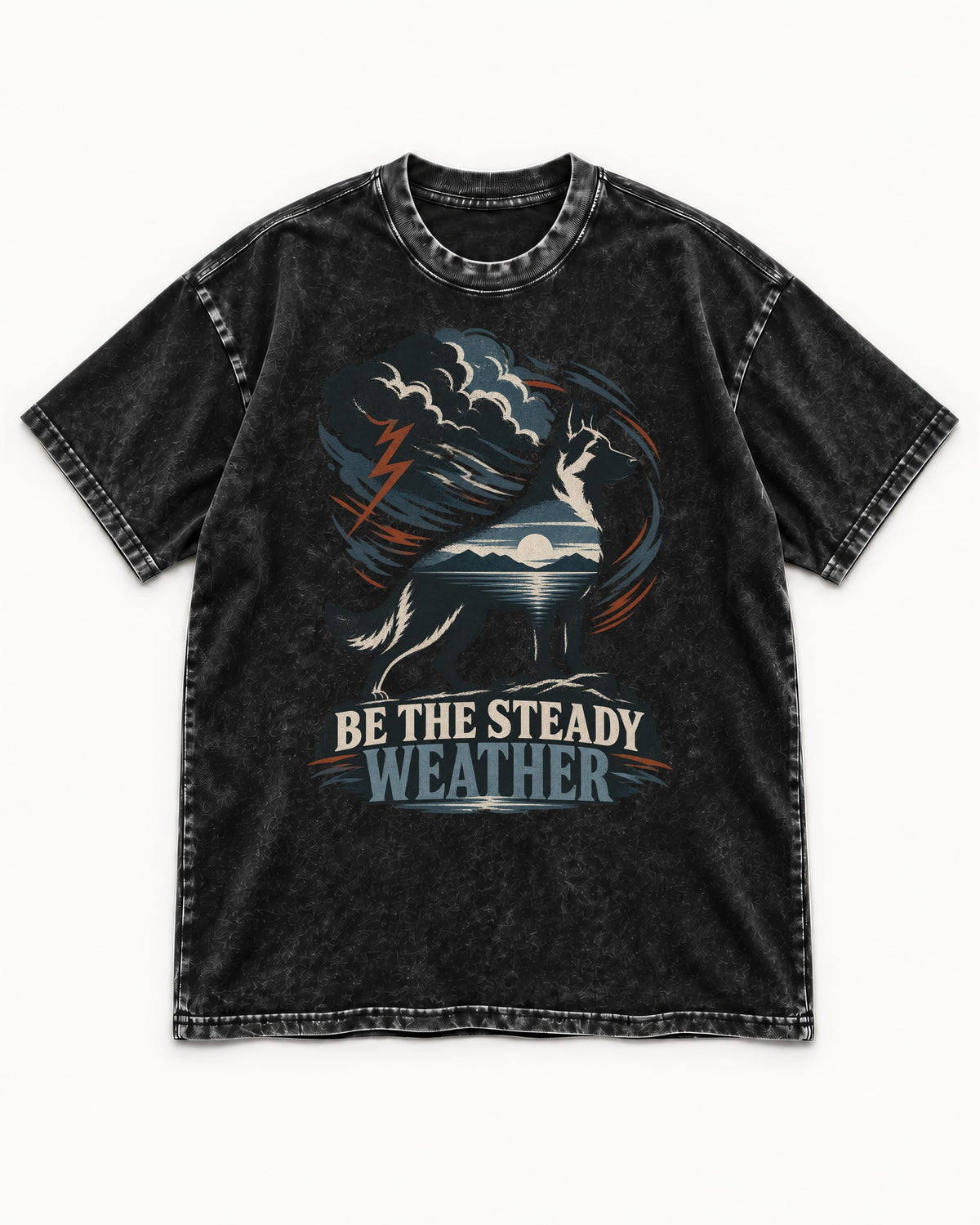 Be the Steady Weather Storm German Shepherd Dog Graphic Washed Tee in Black, flat lay product photo