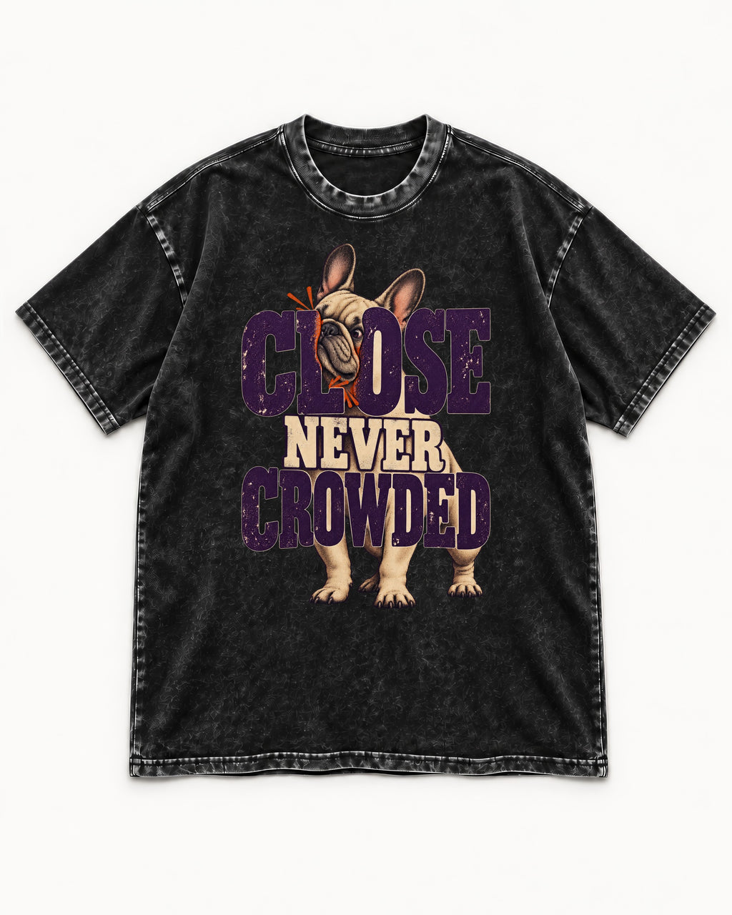 Frenchie Close Never Crowded Peekaboo Type Graphic Washed Tee in Black, flat lay product photo
