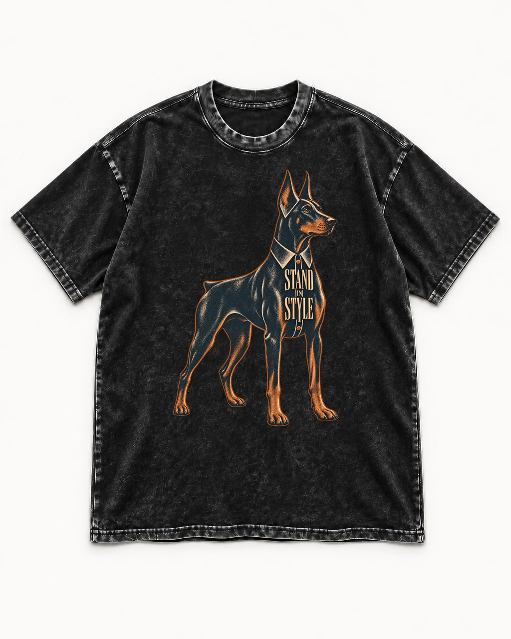 Doberman Stand in Style Suit Graphic Washed Tee in Black, flat lay product photo
