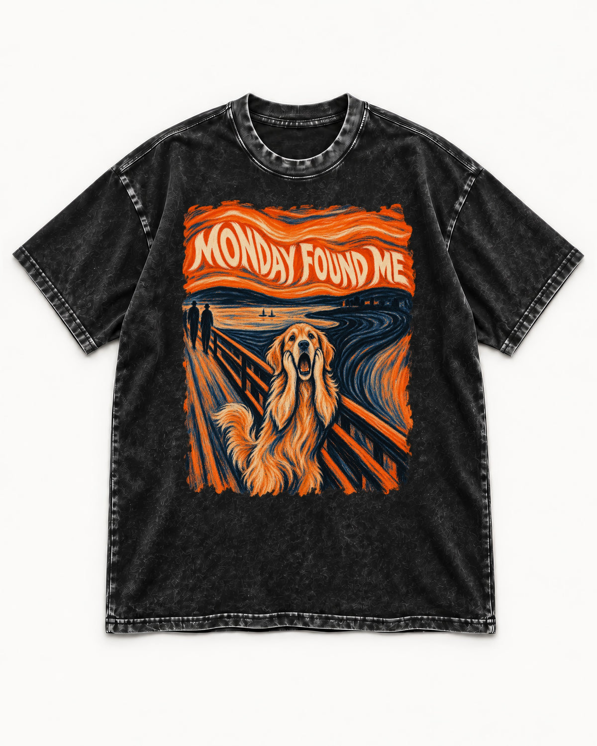 Monday Found Me Scream Golden Retriever Graphic Washed Tee in Black, flat lay product photo