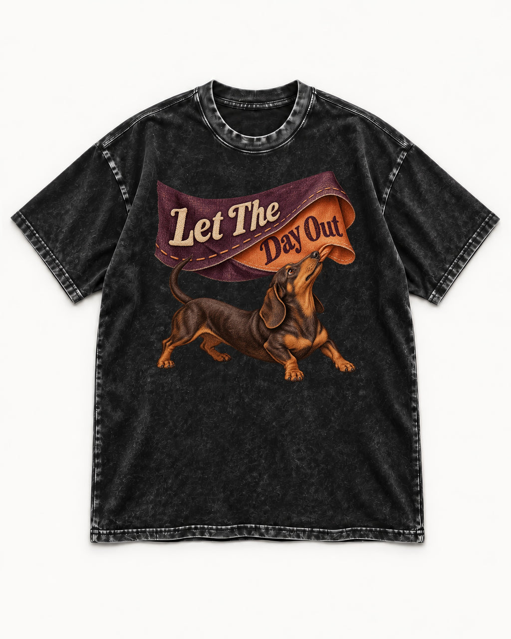 Dachshund Let The Day Out Fabric Banner Graphic Washed Tee in Black, flat lay product photo