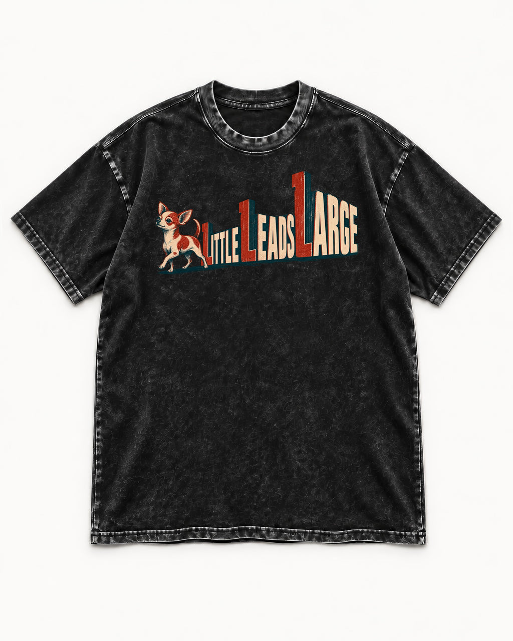Chihuahua Little Leads Large Perspective Typography Washed Tee in Black, flat lay product photo