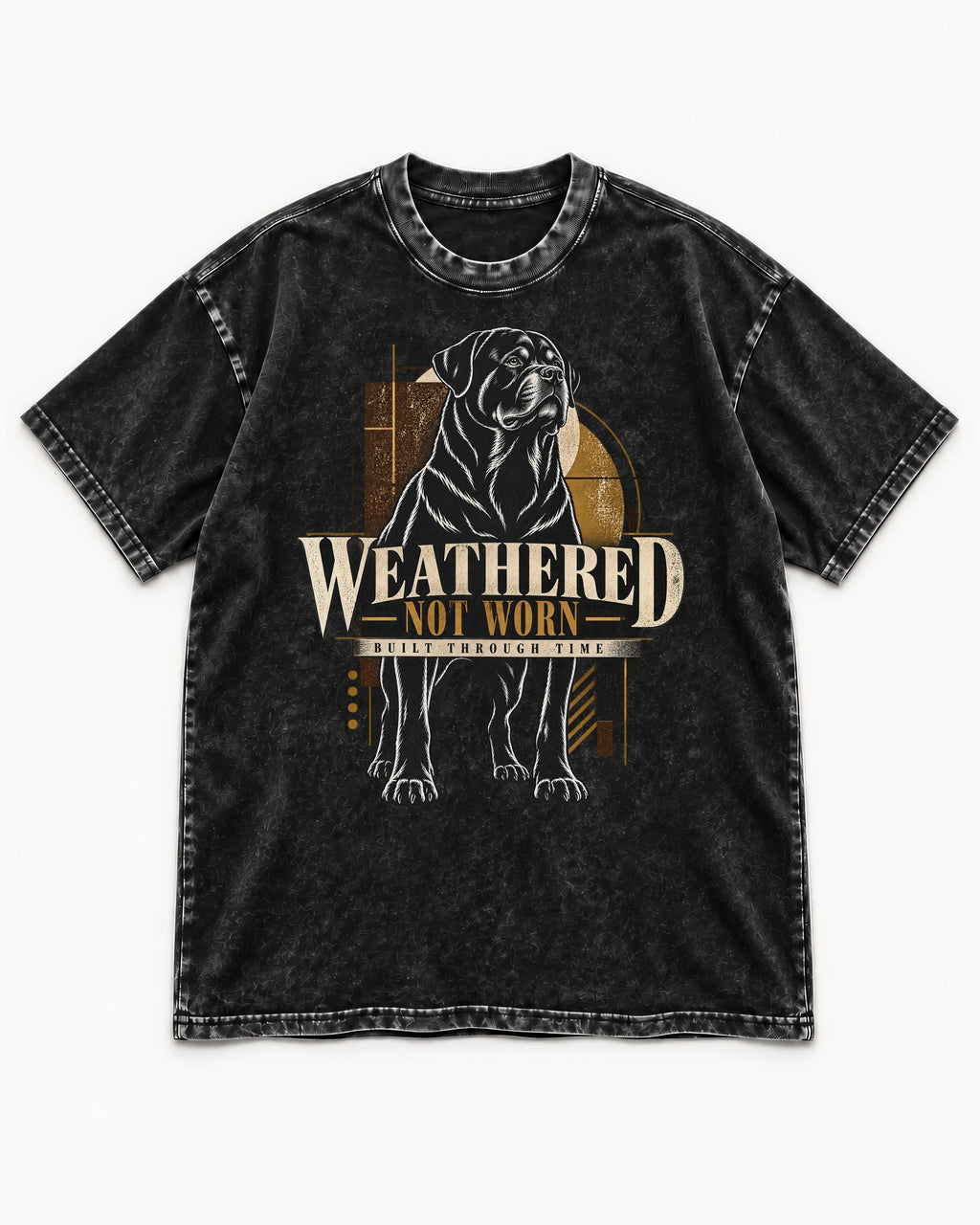 Rottweiler Weathered Not Worn Geometric Graphic Washed Tee in Black, flat lay product photo