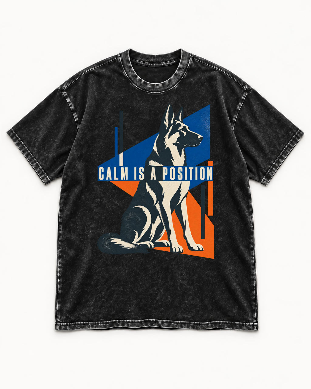Calm Is A Position Geometric German Shepherd Dog Graphic Washed Tee in Black, flat lay product photo