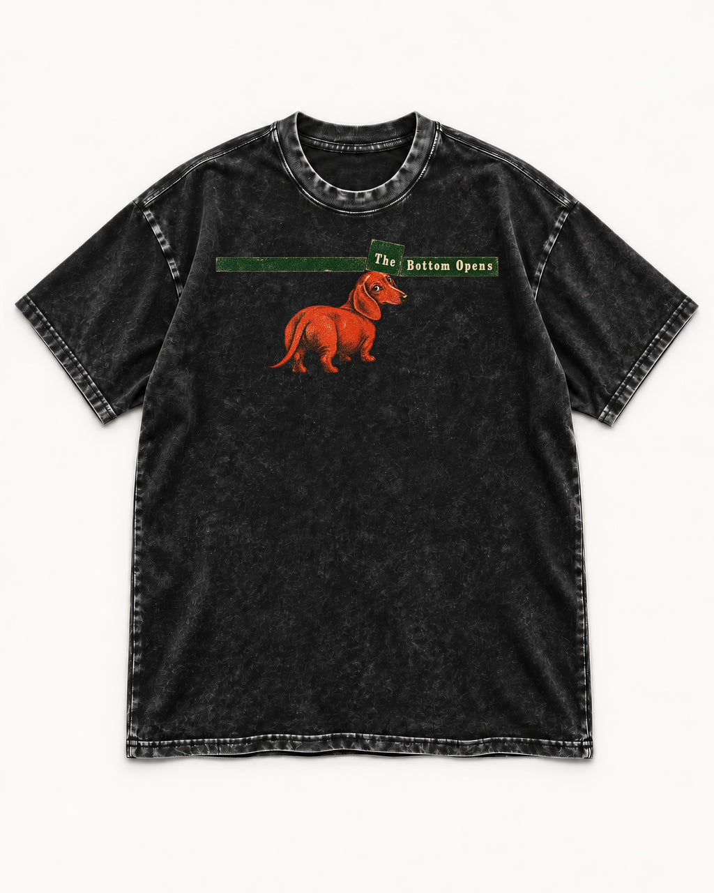 Dachshund The Bottom Opens Signpost Graphic Washed Tee in Black, flat lay product photo