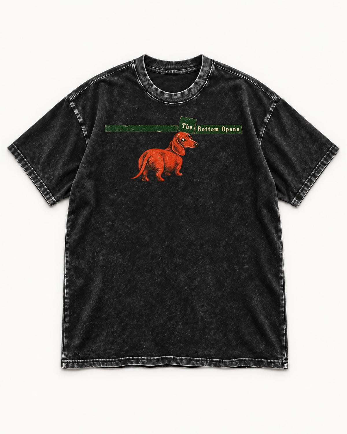 Dachshund The Bottom Opens Signpost Graphic Washed Tee in Black, flat lay product photo