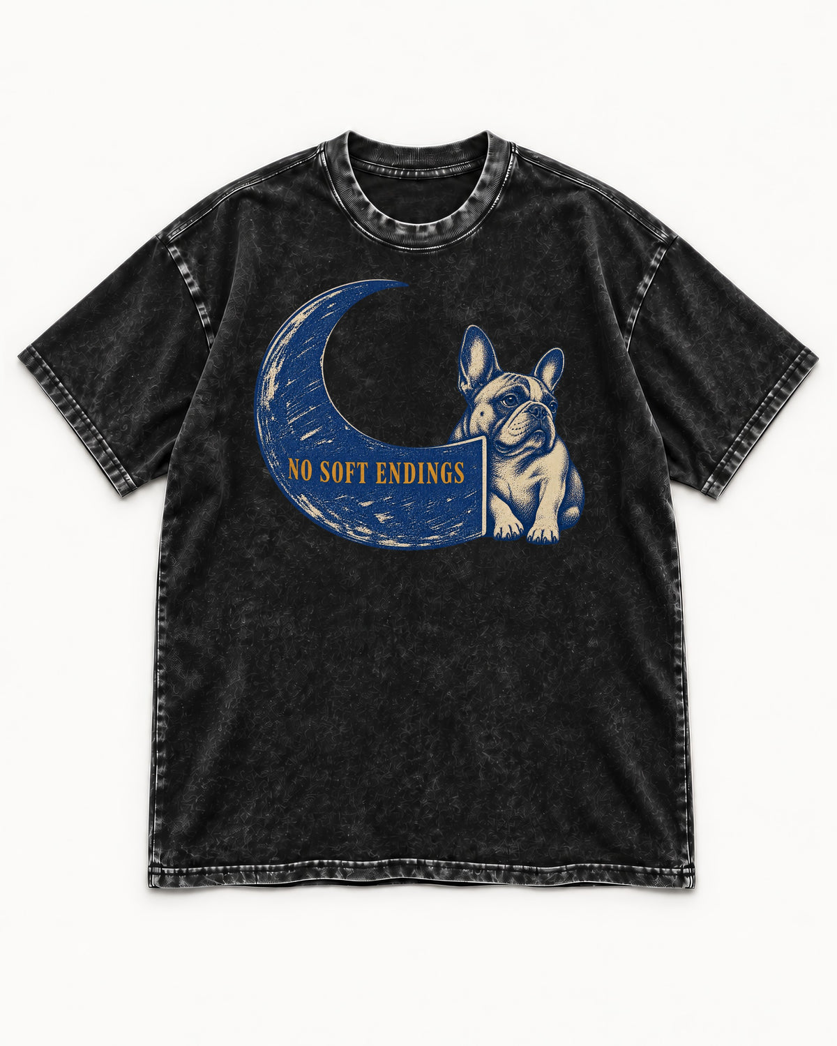 Frenchie No Soft Endings Crescent Graphic Washed Tee in Black, flat lay product photo