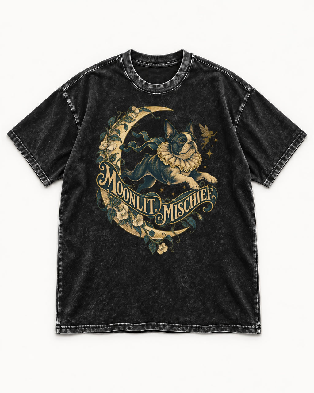 Boston Terrier Moonlit Mischief Washed Tee in Black, flat lay product photo