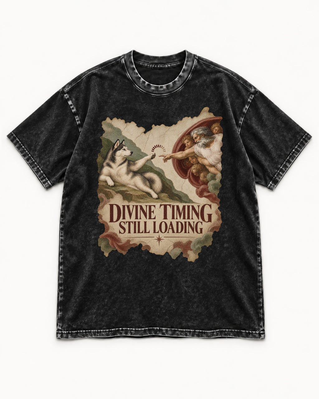 Husky Divine Timing Still Loading Creation Parody Graphic Washed Tee in Black, flat lay product photo