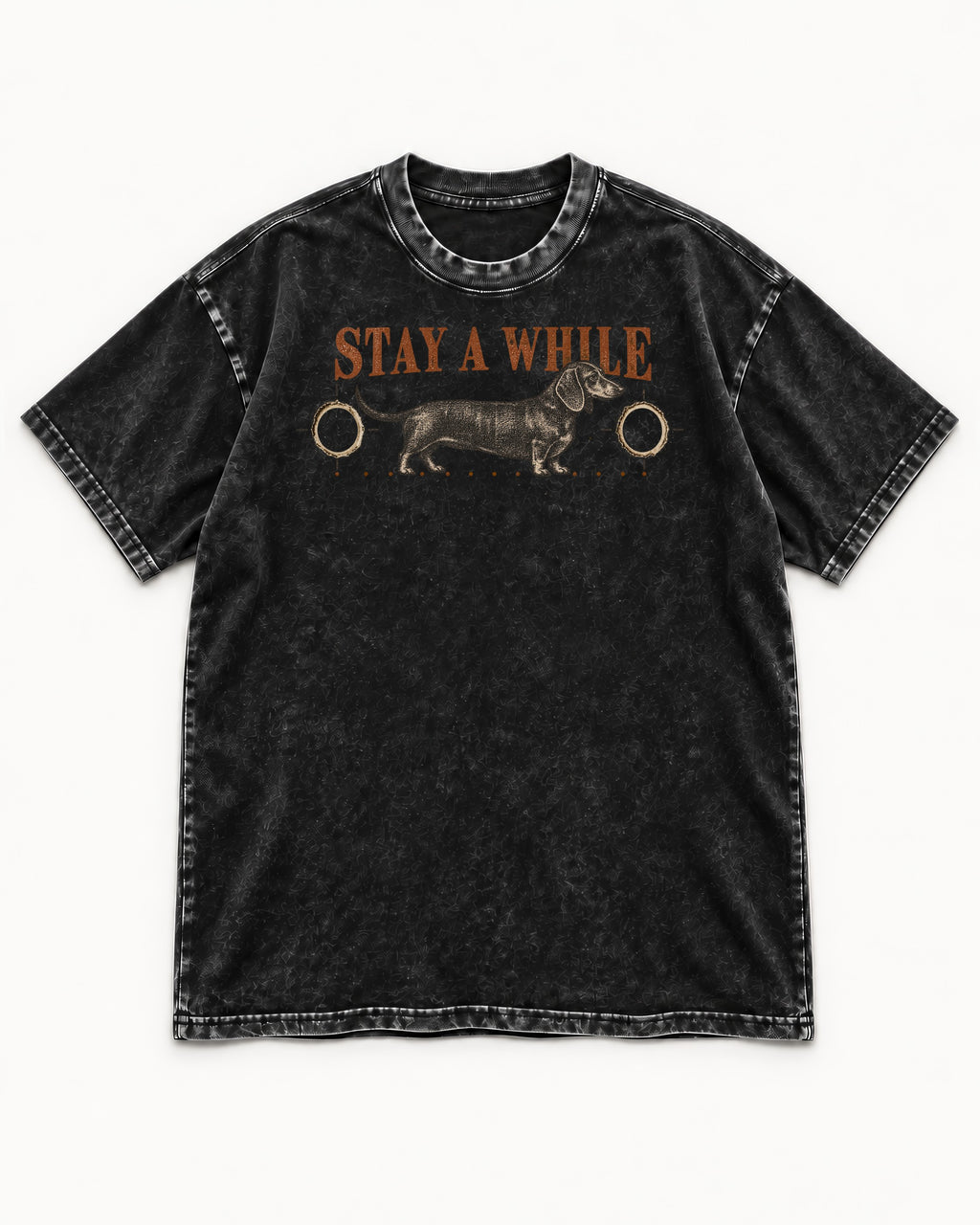 Dachshund Stay A While Ornamental Portrait Graphic Washed Tee in Black, flat lay product photo