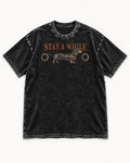 Dachshund Stay A While Ornamental Portrait Graphic Washed Tee in Black, flat lay product photo