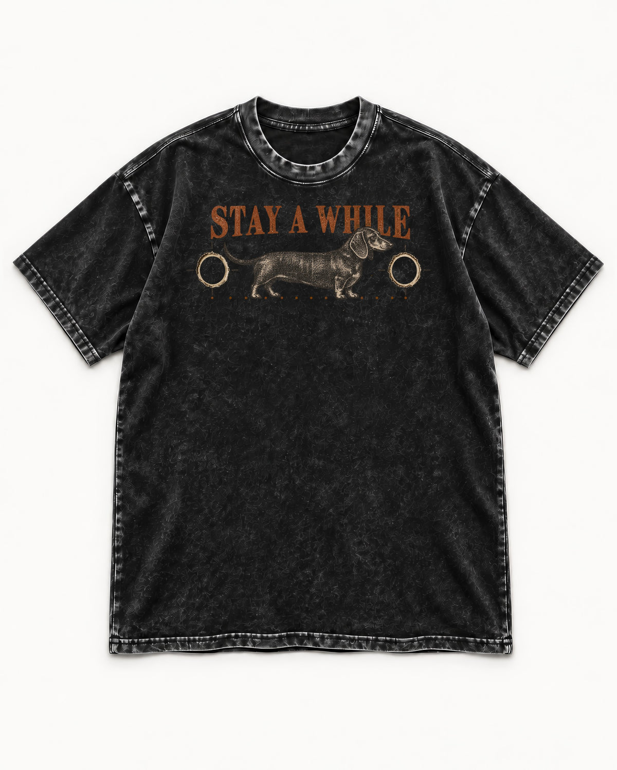 Dachshund Stay A While Ornamental Portrait Graphic Washed Tee in Black, flat lay product photo