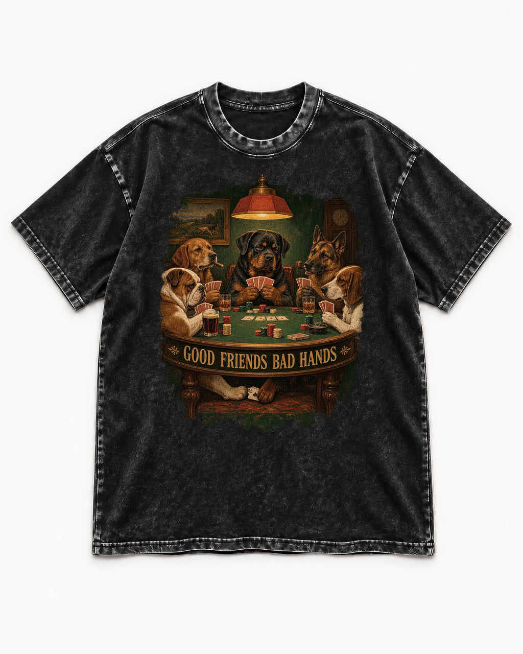 Rottweiler Good Friends Bad Hands Poker Night Graphic Washed Tee in Black, flat lay product photo