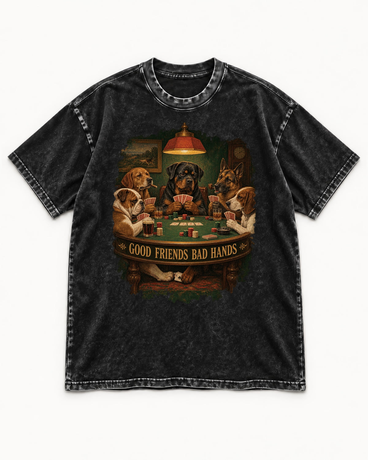 Rottweiler Good Friends Bad Hands Poker Night Graphic Washed Tee in Black, flat lay product photo