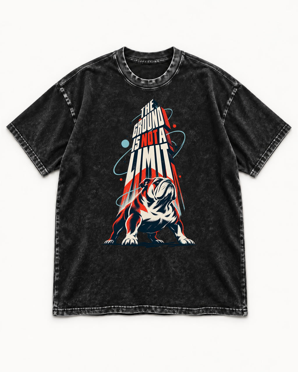 English Bulldog The Ground Is Not a Limit Orbital Graphic Washed Tee in Black, flat lay product photo