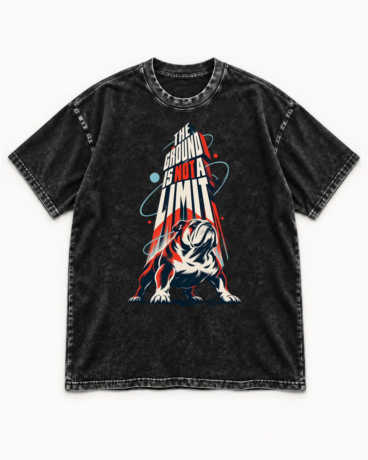 English Bulldog The Ground Is Not a Limit Orbital Graphic Washed Tee in Black, flat lay product photo