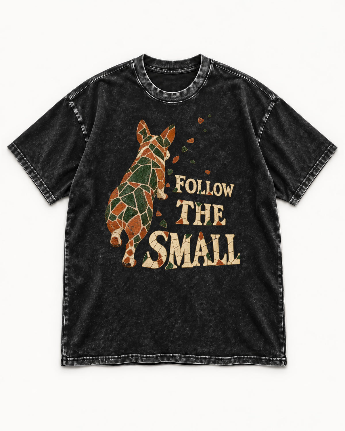 Corgi Follow the Small Mosaic Washed Tee in Black, flat lay product photo