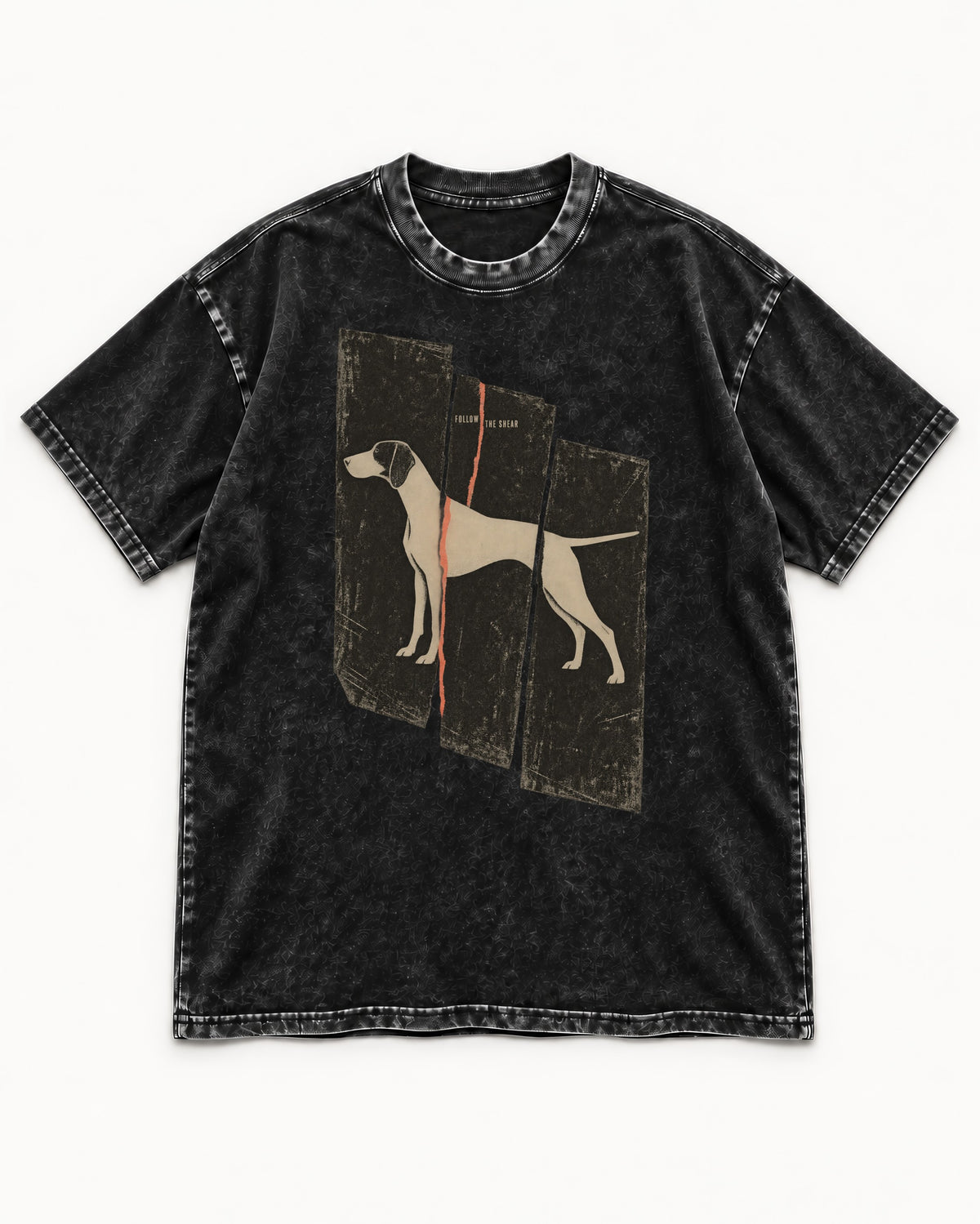 German Shorthaired Pointer Follow The Shear Split Panel Graphic Washed Tee in Black, flat lay product photo