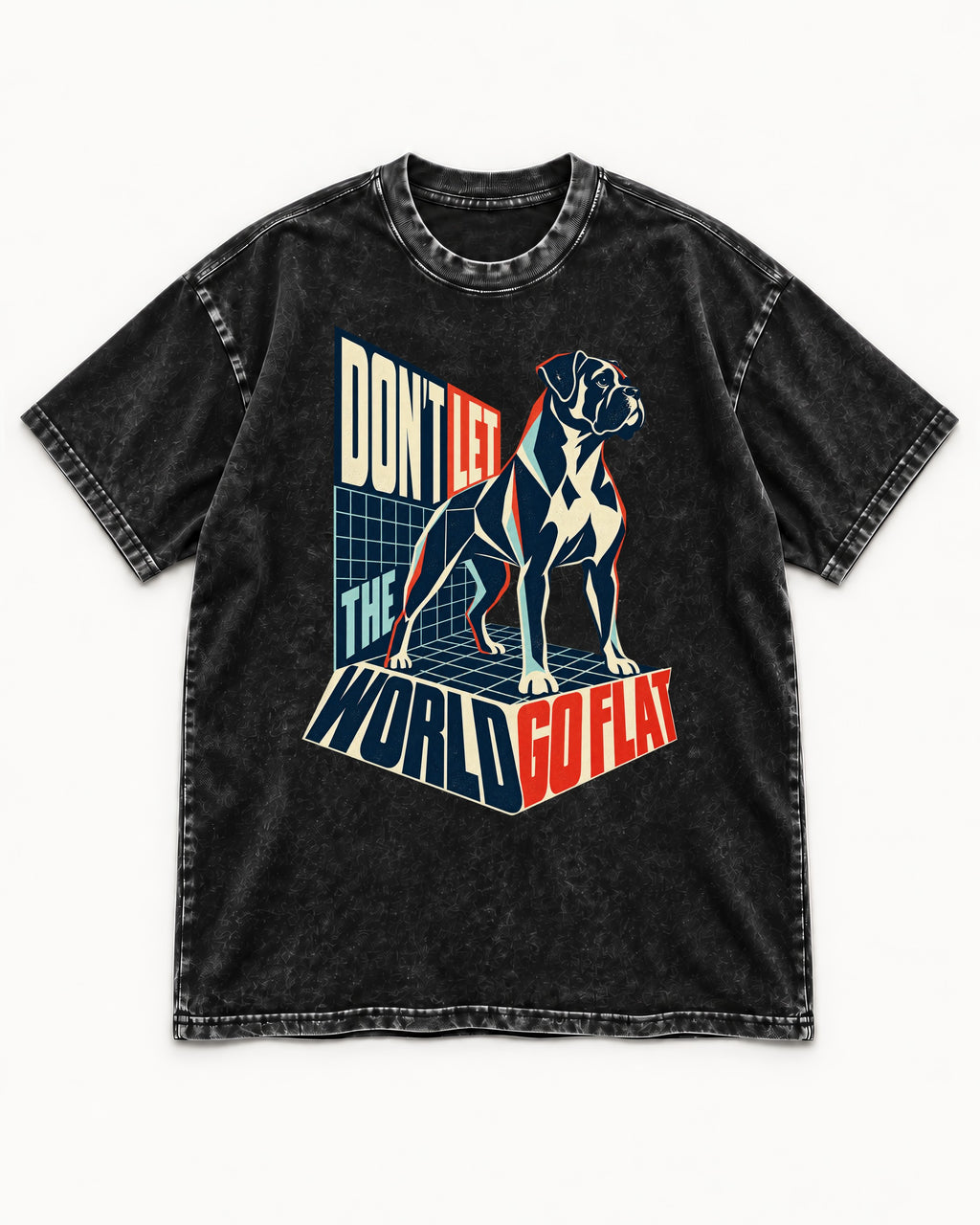Don't Let the World Go Flat Boxer Perspective Grid Graphic Washed Tee in Black, flat lay product photo