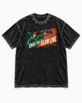 German Shorthaired Pointer Take The Slow Line Paint Splash Graphic Washed Tee in Black, flat lay product photo