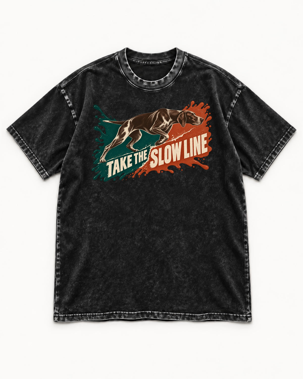 German Shorthaired Pointer Take The Slow Line Paint Splash Graphic Washed Tee in Black, flat lay product photo