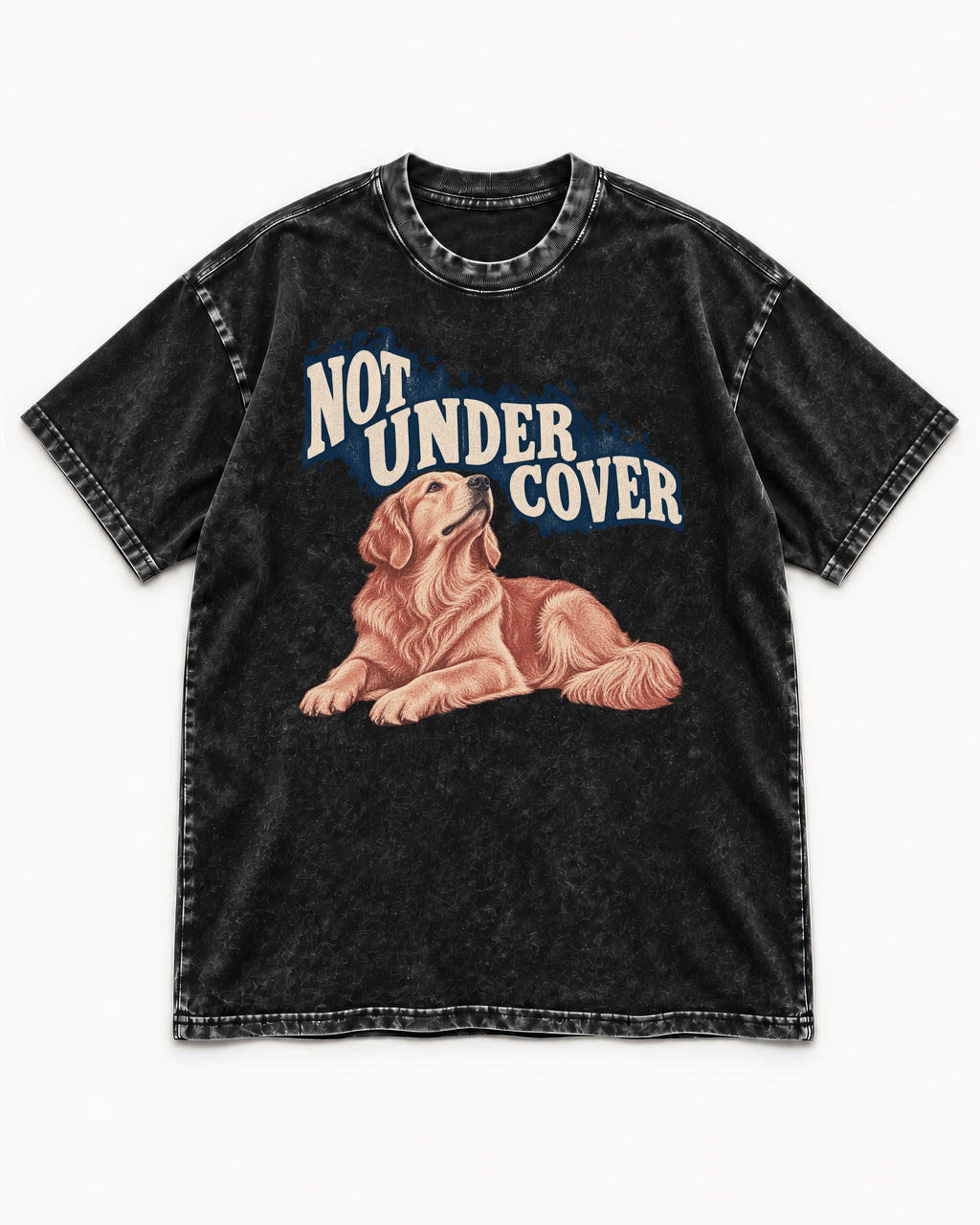 Not Under Cover Reclining Golden Retriever Graphic Washed Tee in Black, flat lay product photo