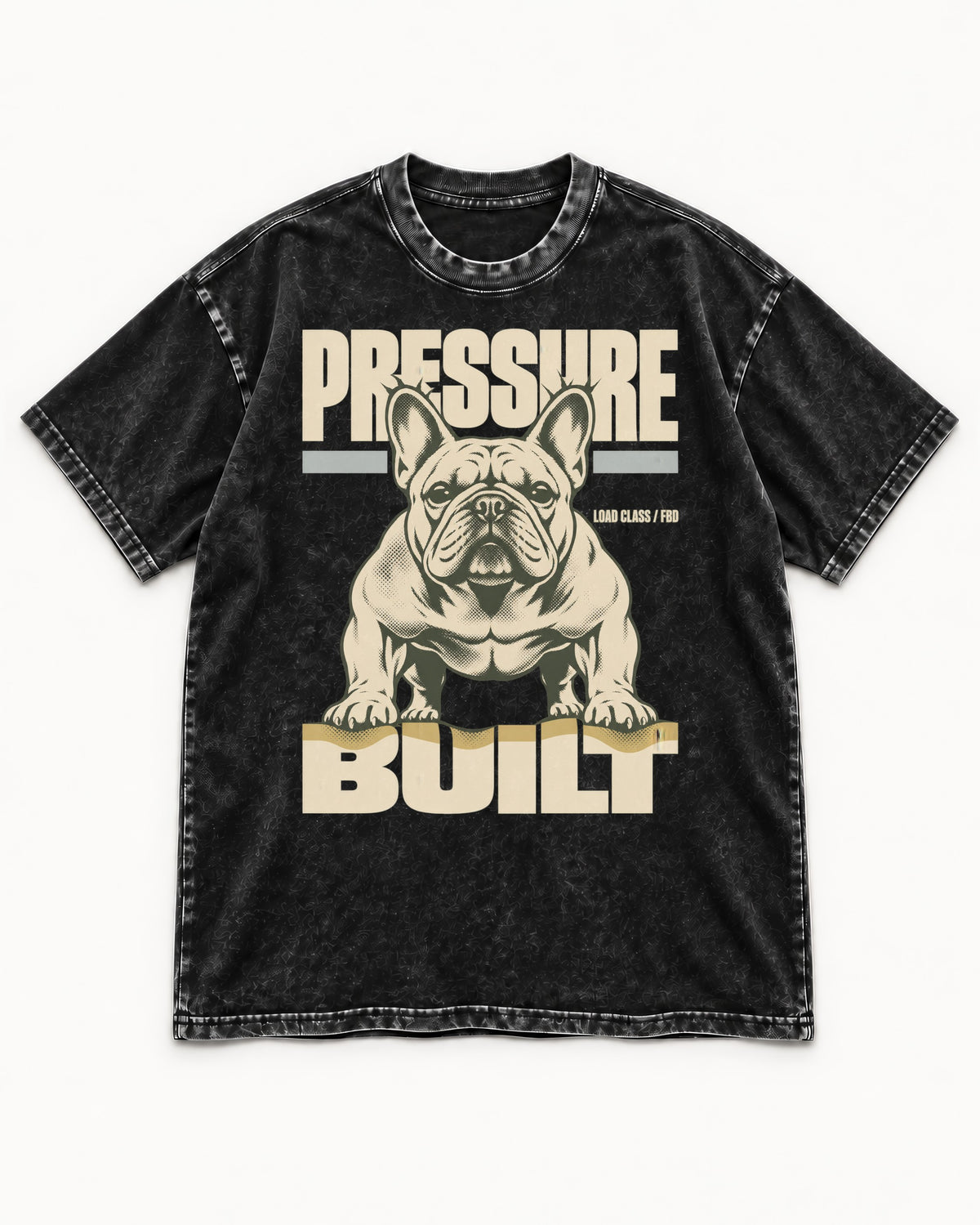 Frenchie Pressure Built Load Class Graphic Washed Tee in Black, flat lay product photo