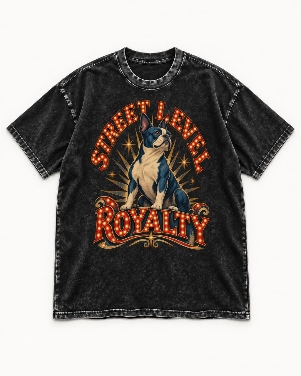 Street Level Royalty Boston Terrier Washed Tee in Black, flat lay product photo