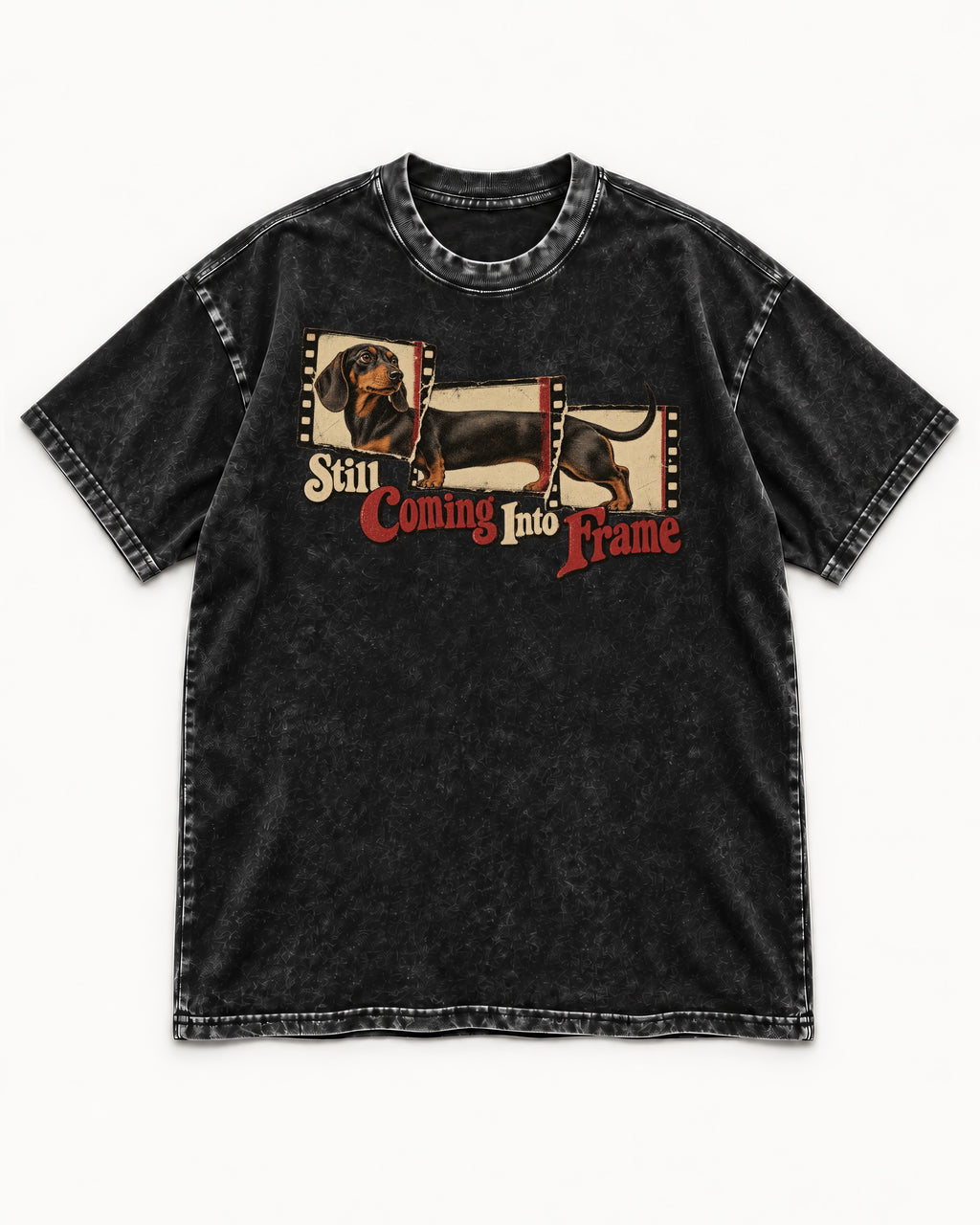 Dachshund Still Coming Into Frame Vintage Filmstrip Graphic Washed Tee in Black, flat lay product photo