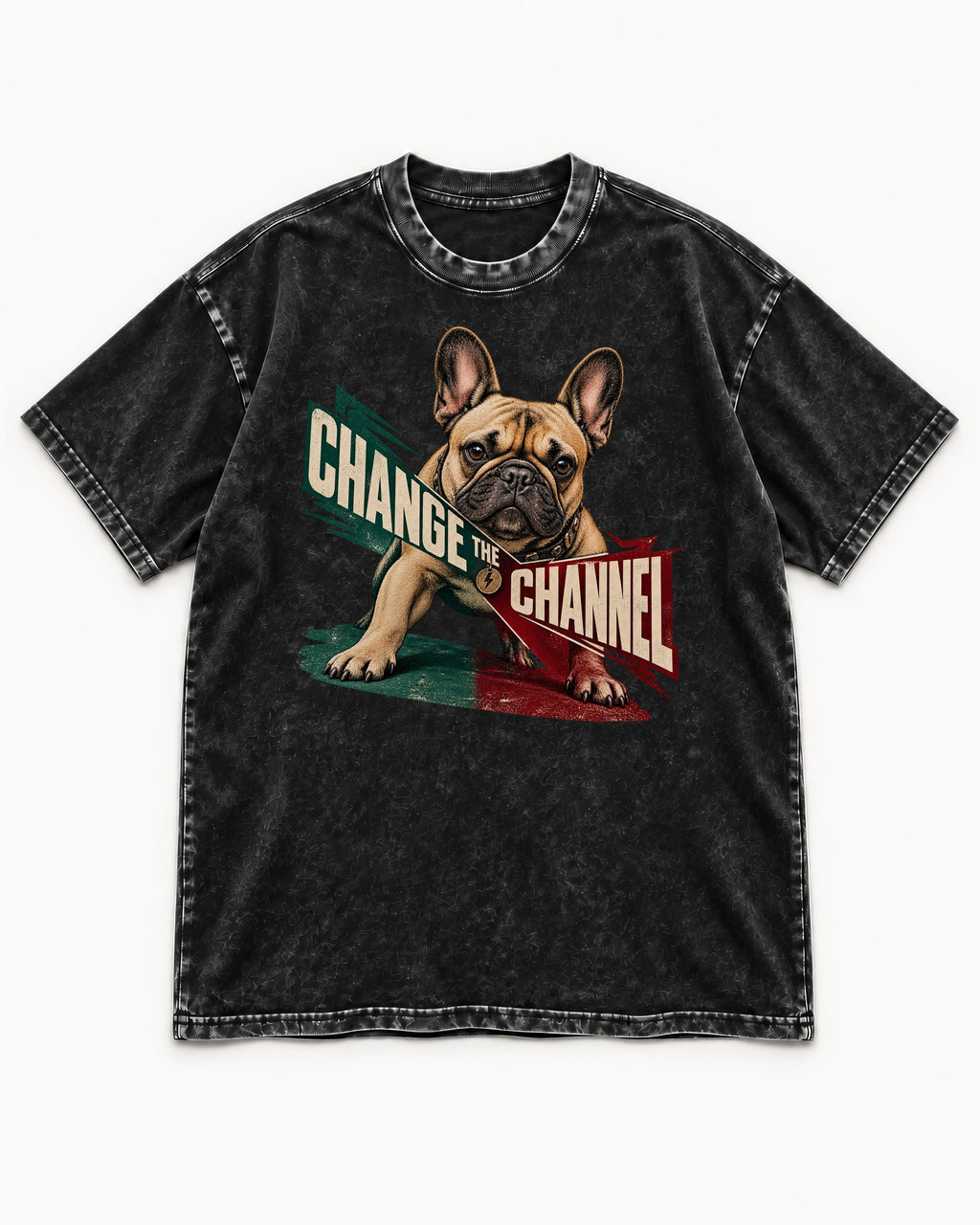 Frenchie Change the Channel Graphic Washed Tee in Black, flat lay product photo