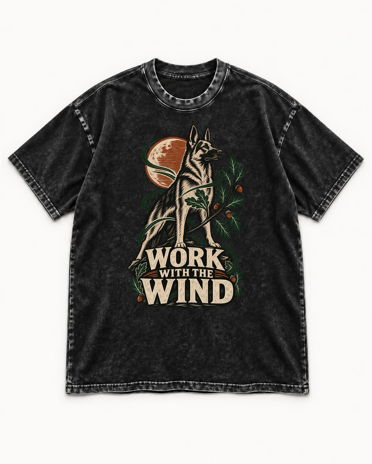Work With The Wind Botanical Woodcut German Shepherd Dog Graphic Washed Tee in Black, flat lay product photo