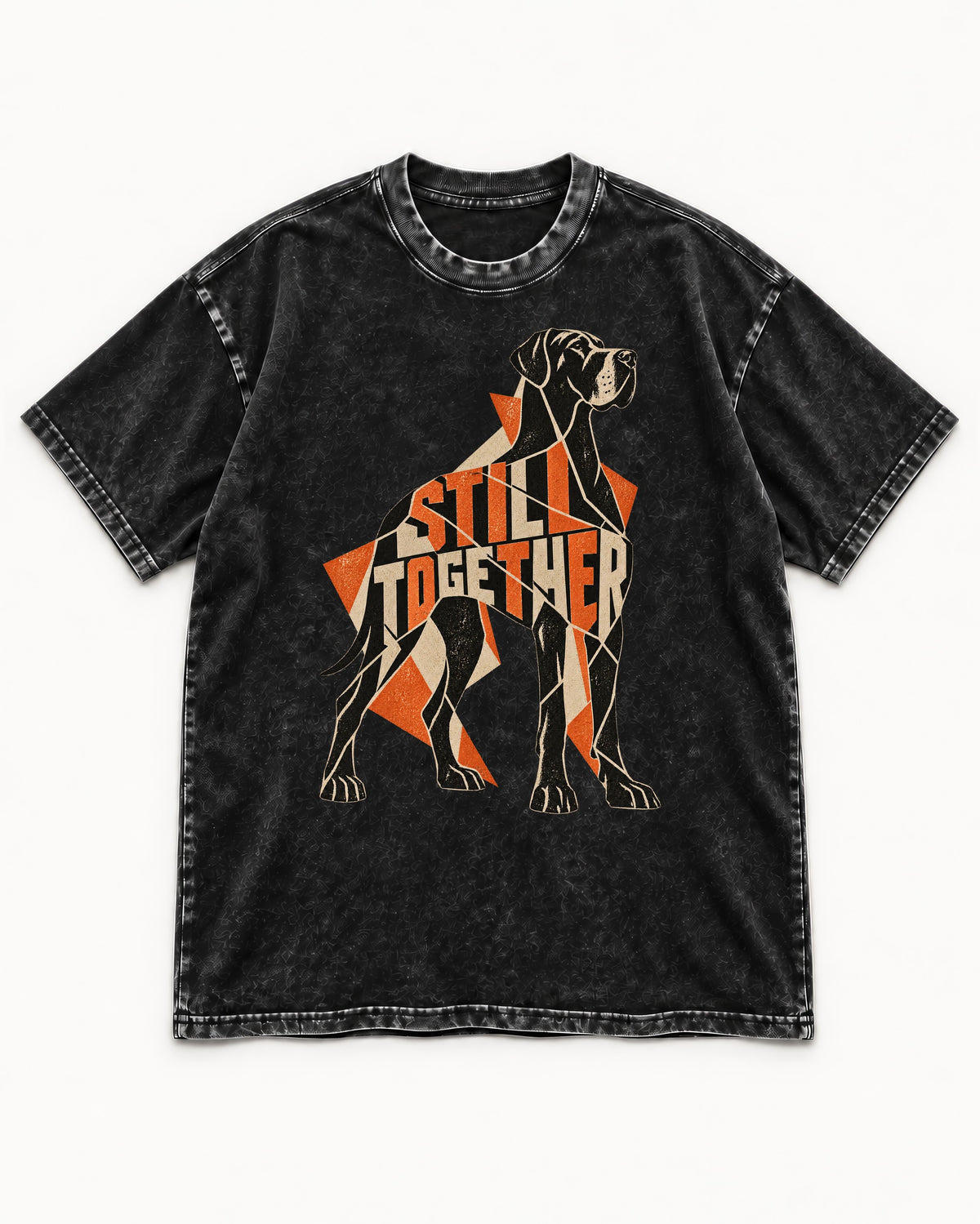 Great Dane Still Together Geometric Mosaic Graphic Washed Tee in Black, flat lay product photo