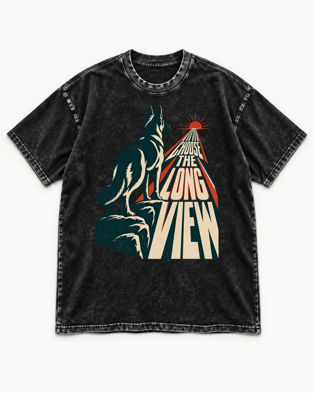 Choose the Long View Sunrise German Shepherd Dog Graphic Washed Tee in Black, flat lay product photo