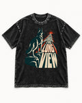 Choose the Long View Sunrise German Shepherd Dog Graphic Washed Tee in Black, flat lay product photo