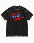 German Shepherd Dog On My Way Sock Chase Graphic Washed Tee in Black, flat lay product photo