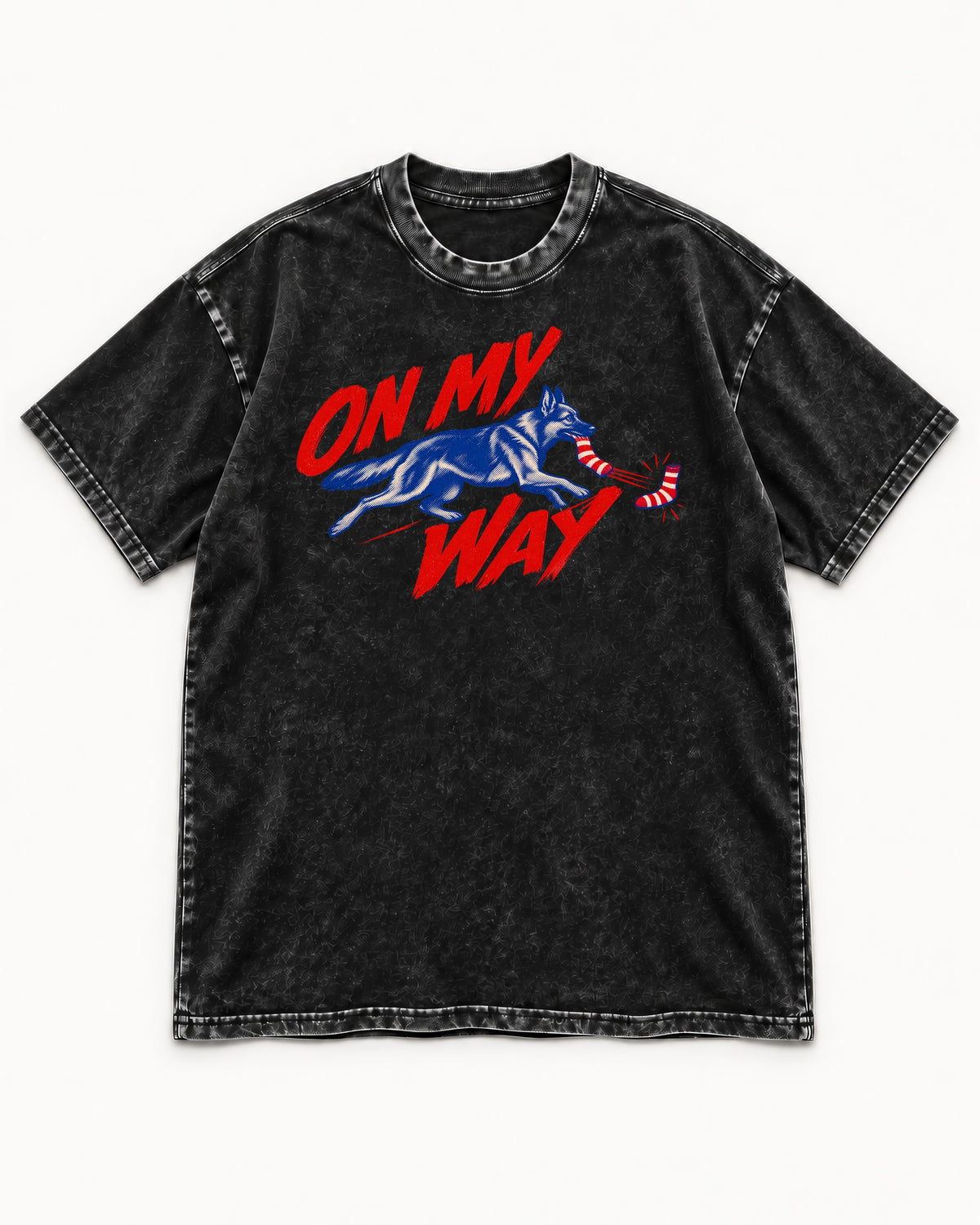 German Shepherd Dog On My Way Sock Chase Graphic Washed Tee in Black, flat lay product photo