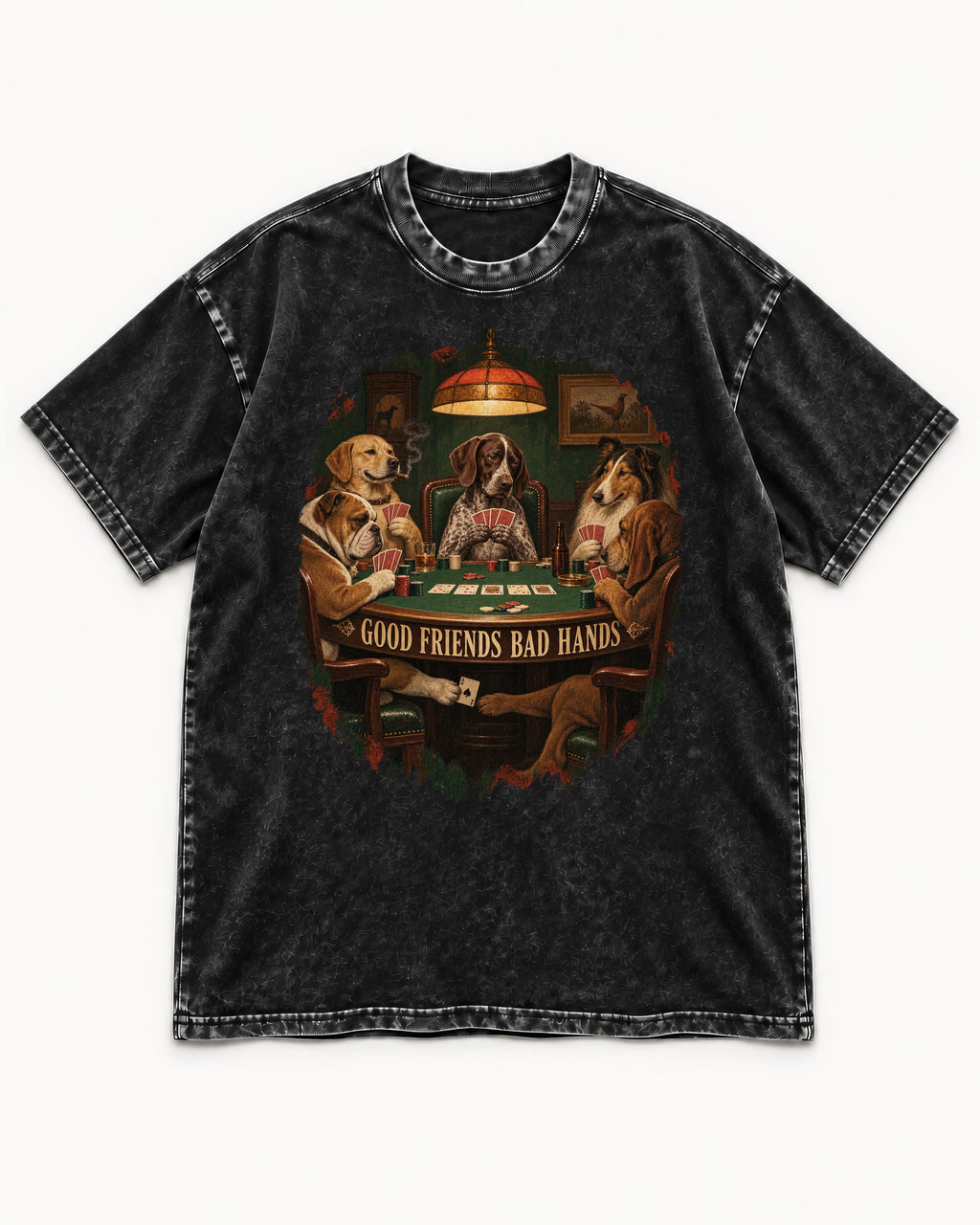 German Shorthaired Pointer Good Friends Bad Hands Poker Night Graphic Washed Tee in Black, flat lay product photo